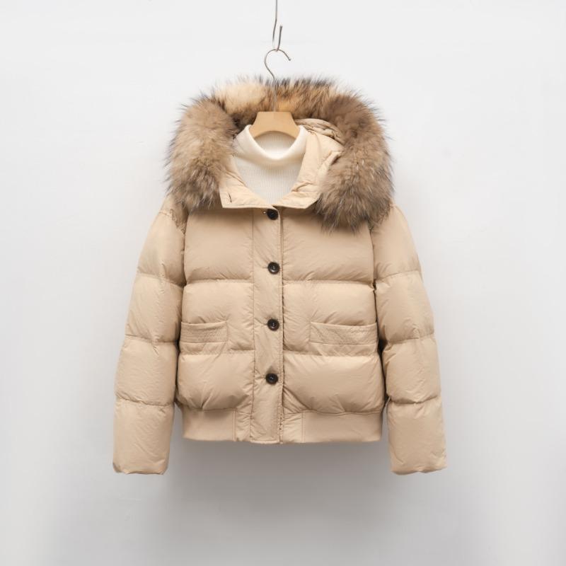 

Теплая женская короткая утепленная свободная куртка с большим меховым воротником, новое зимнее пальто с капюшоном из меха енота M хаки