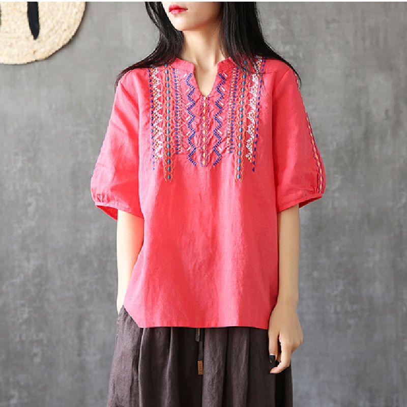 Simple Embroidery Loose Artistic Small V-neck Bamboo Knot Cotton Top Women's Summer Versatile Retro Cotton Linen Short Sleeved T-shirt