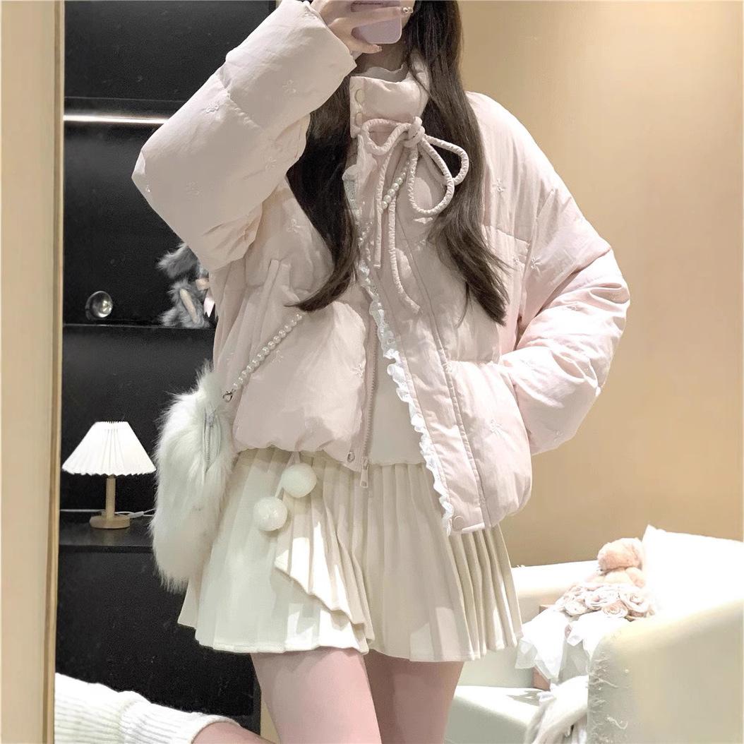 Кружевные вставки пуховик женский новый зимний розовый с бантом хлопковый пуховик XL розовый