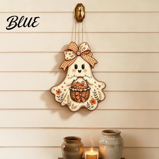 Autumn Porch Hanging Ornament Cute Bow Ghost Sign Rustic Retro Floral Door Sign with Pumpkin Outdoor Fall Entryway Basket Vintage Halloween