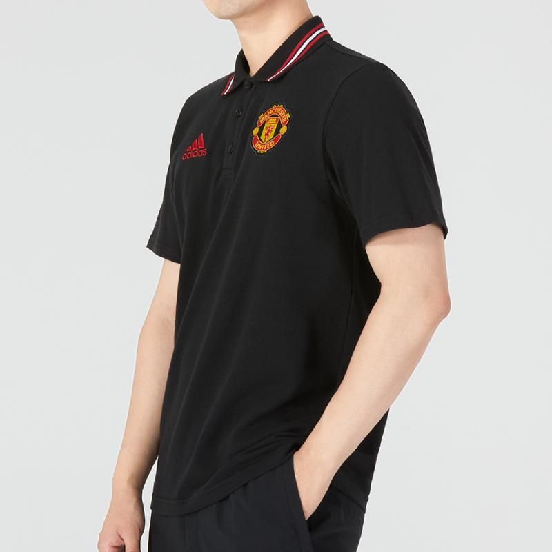 Adidas Manchester United Crest Embroidered Striped Trim Short Sleeve Polo Shirt Men Tops Black HE6664