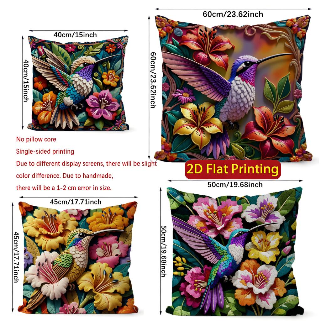 2D Vintage Hummingbird Floral Throw Pillow Covers Pattern Cushion Cover Suitable For Sofa Bedroom Car Pillow Cover