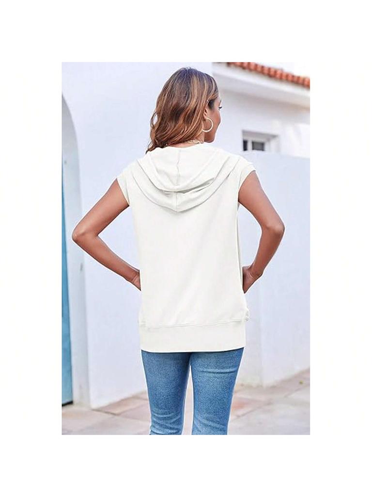 Damen ärmellose Reißverschluss Hoodie Weste locker Kordelzug leichte Jacke mit Taschen