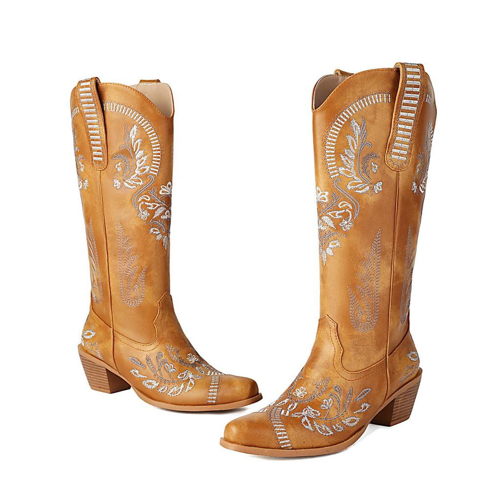 Western Cowboy Boots for Women Embroidered Knee High Cowgirl Tall Boots Chunky Heel Retro Shoes for a Sorority Social Event
