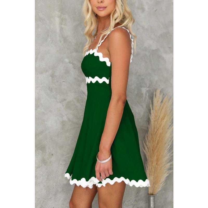 VEZFAA Women's Fashion Summer Spring Lace Print Sleeveless Suspenders High Waist Casual Dresses