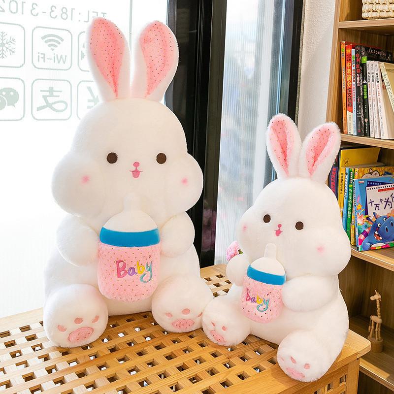 Adorable White Bunny Plush Toy With Milk Bottle Design Soft And Cuddly For Girls