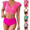 Women's Pleated Slim Fit V-Neck Color Block Ruffled Two-Piece Swimsuit