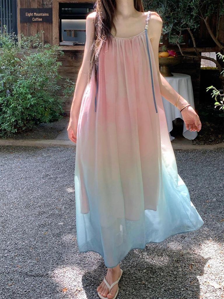 Korean Sweet Gradient Spaghetti Strap Beach Dress - 2026 Summer Seaside Vacation Design