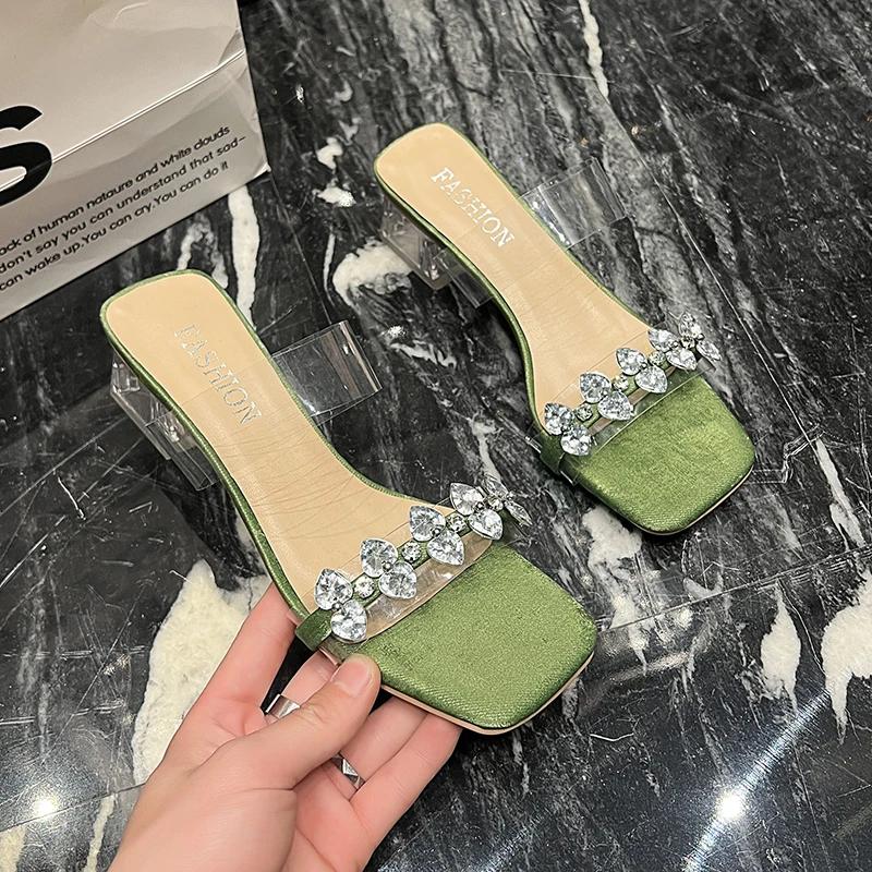 Fashion Shoes Female 2025 New Open Toe Women's Slippers Fashion Crystal Outdoor Dress Summer Square Toe Best Seller Heels Women Zapatos