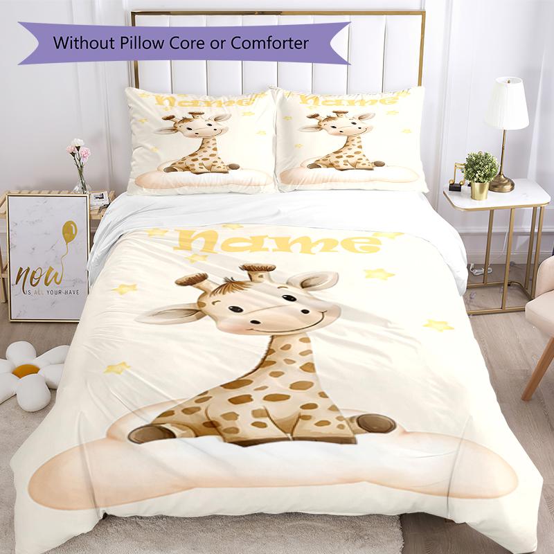 3pcs Custom Name Giraffe Bedding Set Duvet Cover Closure Includes 1 Duvet Cover & 2 Pillowcases, Soft and Comfortable for All Seasons.