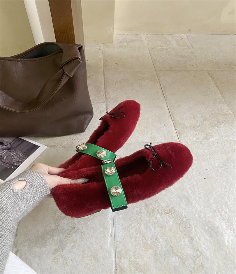 Bow-tie Mao Mao Shoes Ins European and American One-word Buckle with Round Head Ballet Shoes Gentle Wind Shallow Mouth Flat-soled Single Shoes Women