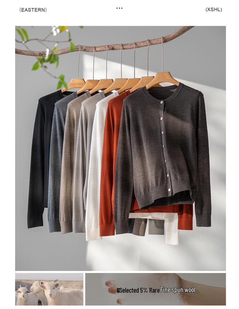 Women's Round Neck 100% Wool Knit Cardigan Sweater - Single-Breasted, Thin German Yangzi Yarn Design