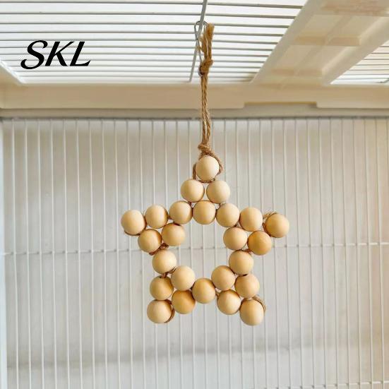 Wooden Beads Hanging Toy Star Parrot Toy, Five-pointed Chewing Bird for African Grey Cockatoos Macaws, Cage Accessories Wood