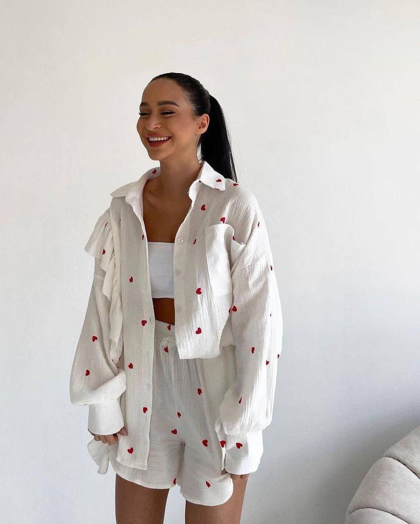 Fashion Ruffle Heart Cotton Linen Homewear Set