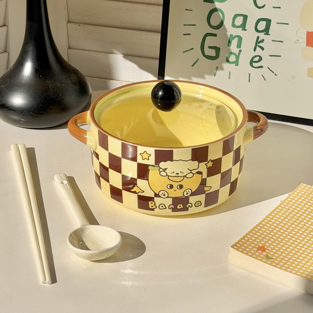 Ins Cream Wind Banana Puppy Binaural Instant Noodle Bowl Student Dormitory Rice Bowl 2025 New Snail Powder Bowl
