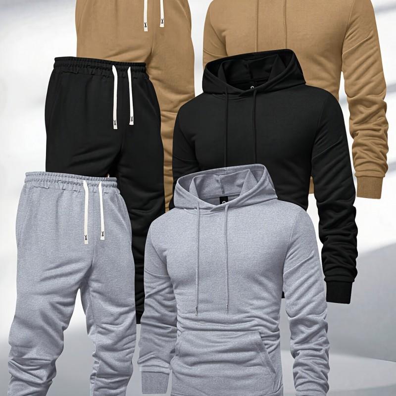 Mens Hooded Sweatshirt Tracksuit 3 Piece Set Casual Sporty Slim Fit Solid Color