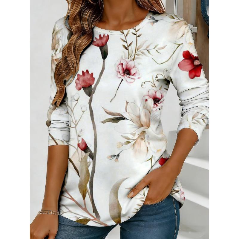 Women's Colorful Floral and Butterfly Print Long-sleeved Loose-fitting Round Neck Top, Casual Everyday Style