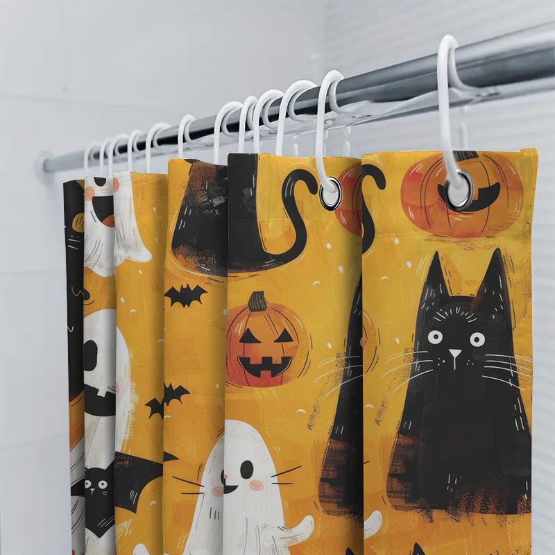 Halloween-themed Ghost Black Cat Pumpkin Halloween Shower Curtain Decorative Waterproof Bath Mat Bathroom Accessories Orange Y