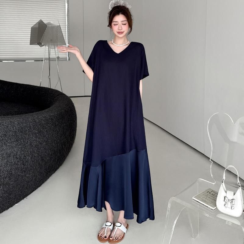 DIMANAF 2026 Summer New Plus Size Women V-Neck Short Sleeve Solid Maxi Long Dress Shirt Dress Lady Fashion