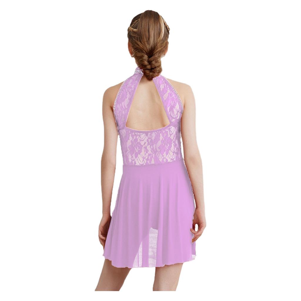 Girls Modern Lyrical Dance Dress Floral Lace Patchwork Cutout Back Rhinestones Leotard Stage Performance Dress