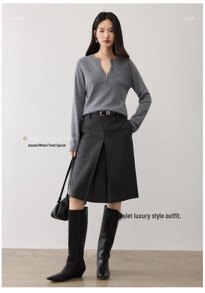 V-neck Half-Zip Multi-Button Cashmere Knit Base Layer for Autumn/Winter