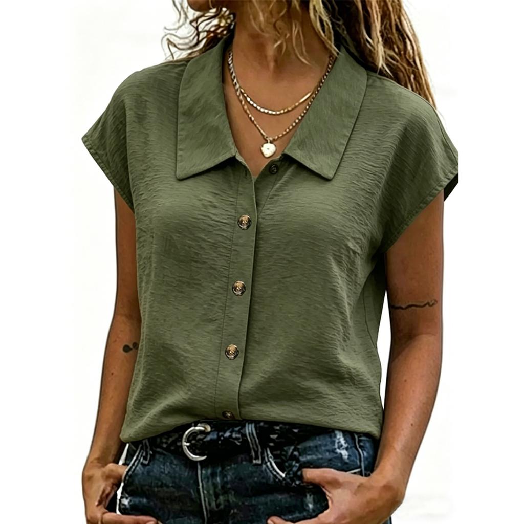 Womens Casual Short Sleeve Button Down Top Woven Fabric with Pointed Collar Relaxed Fit Lightweight Shirt for Everyday Wear
