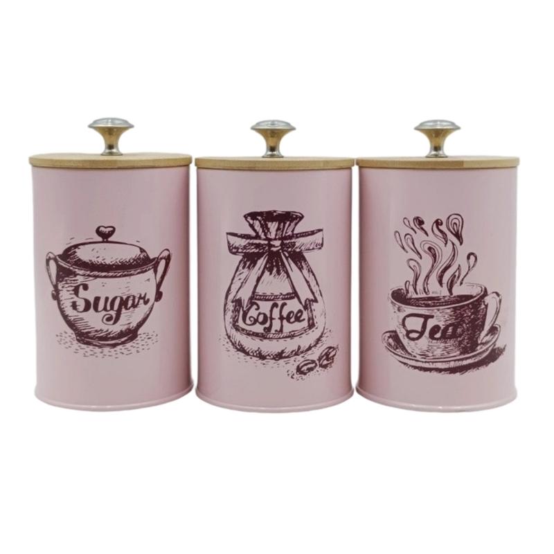 

Stylish Iron Kitchen Canisters Portable Accessory for Countertop Storage of Coffee and Sugar with Dustproof Wood Lids рожевий