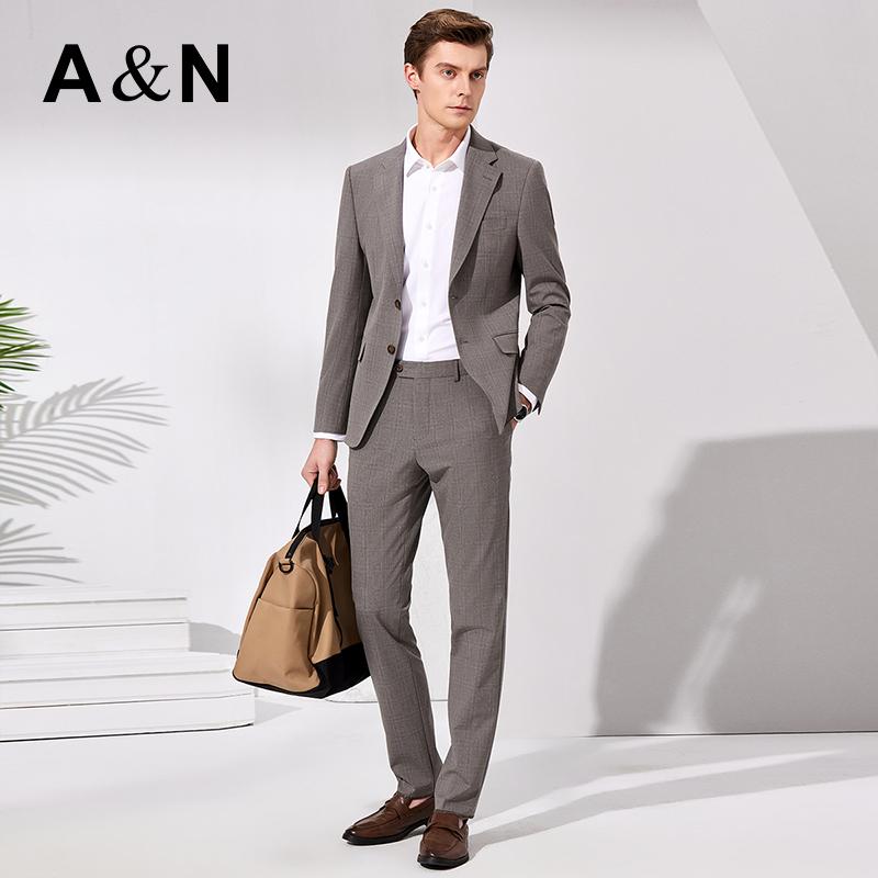 Wedding Two-Piece Set & Color Woven Plaid Business Formal Suit Set with Flip Collar Men's Suit Dress