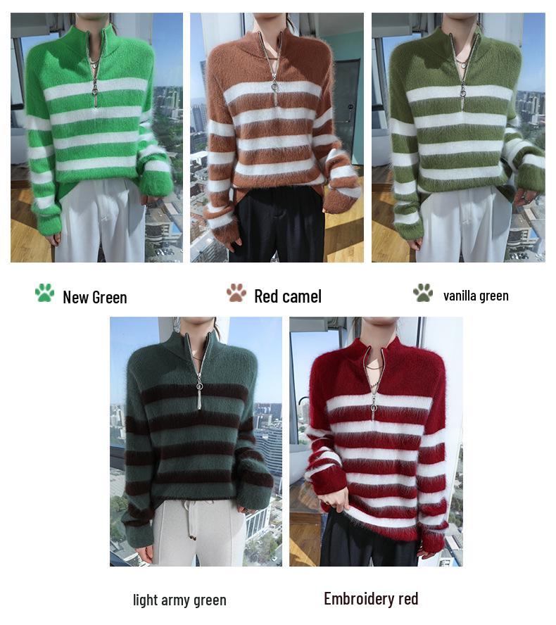 LeKasha Mink Cashmere Half-Zip Color Block Stripe Sweater