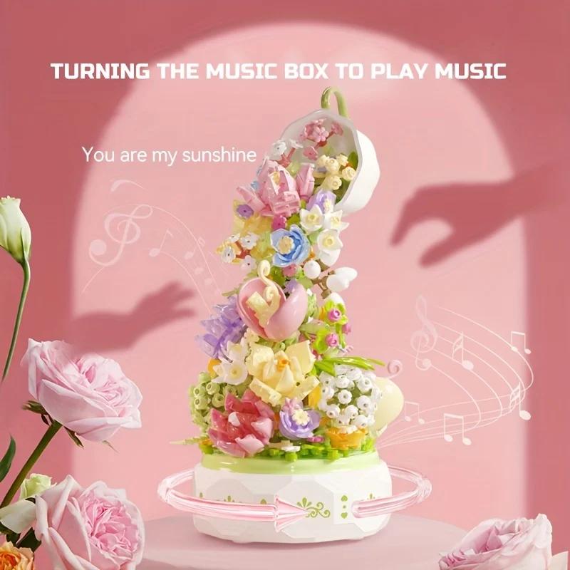 575 Peças Xícara de Chá Flor Caixa de Música Giratória Blocos de Construção Caixa de Presente Romântica de Dia dos Namorados para Meninas Enfeites Decorativos para Casa