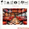 2D Flat Retro American Restaurant Background Fabric - Red and White Checkered Floor Neon Sign and Car Design