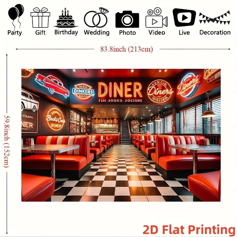 2D Flat Retro American Restaurant Background Fabric - Red and White Checkered Floor Neon Sign and Car Design