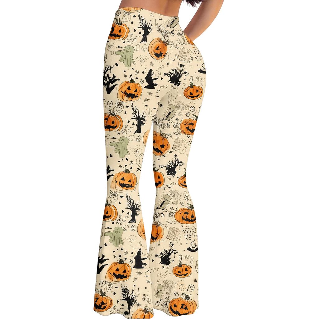 Women's Halloween Print Yoga Pants - Flared Leggings, Casual Stretchy Bell Bottom Pants for Women, for Yoga, Daily Wear and Party