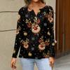 Women's Casual Christmas Print V-Neck Long Sleeve T-Shirt with Decorative Buttons