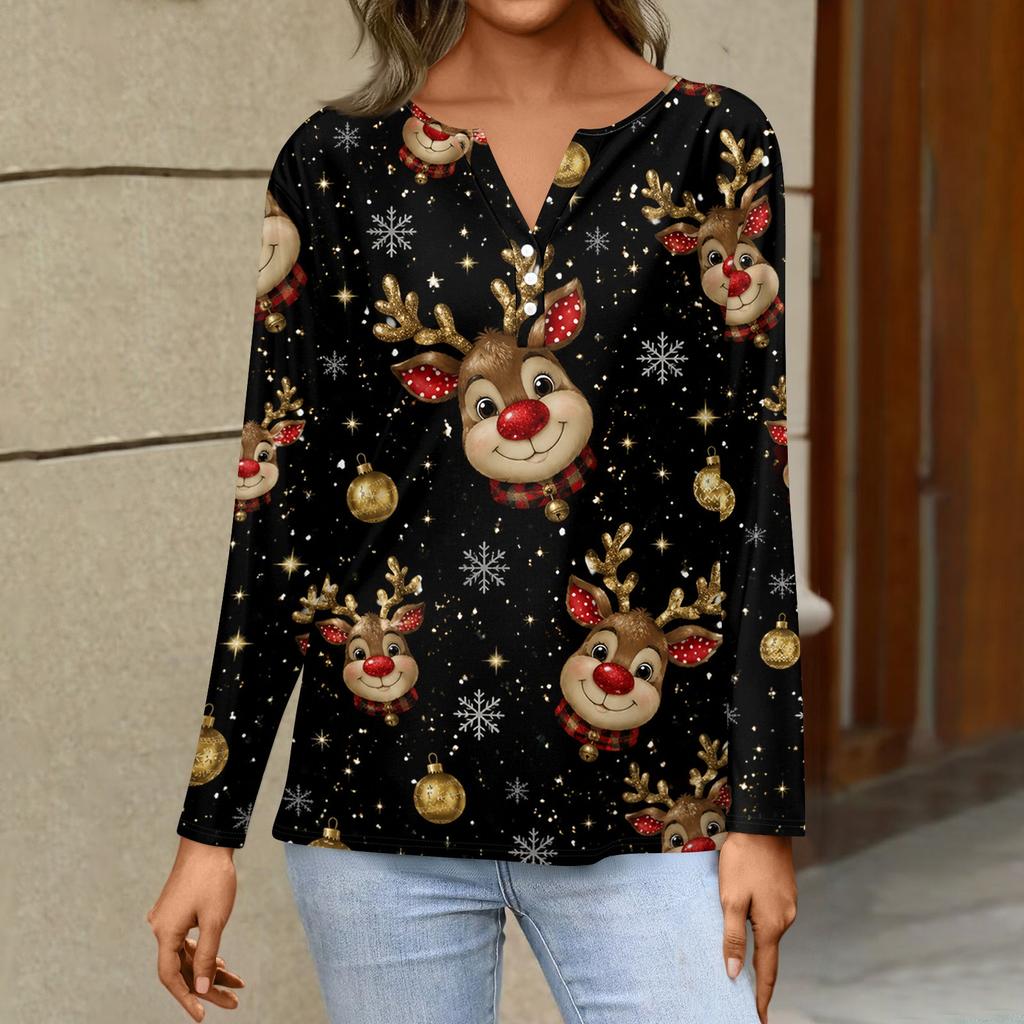 Women's Casual Christmas Print V-Neck Long Sleeve T-Shirt with Decorative Buttons