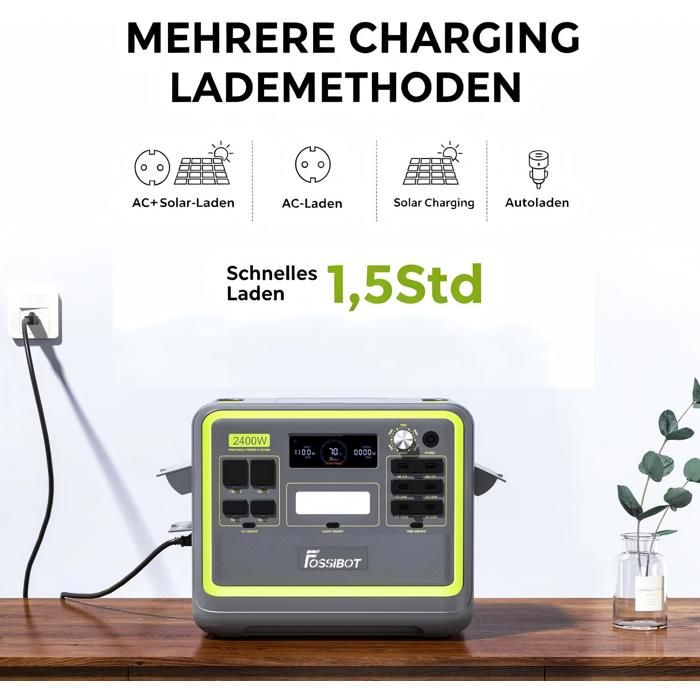 FOSSiBOT F2400 Solar Generator with 400W Bifacial Solar Panel - 2048Wh LFP Portable Power Station - 3 Output AC - Camping/APP/RV