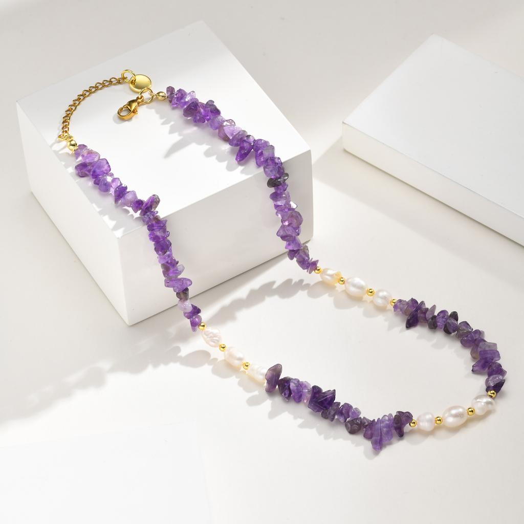 Natural Gemstone Chips Pearl Necklace for Women, Baroque Freshwater Bead Chain, Gold Plated Stainless Steel Jewelry Anti Tarnish