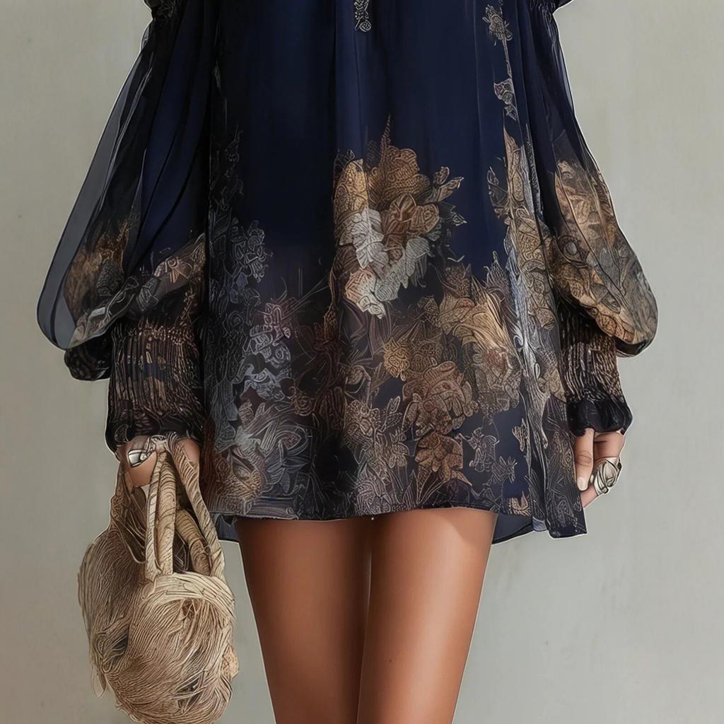 Mini Abito da Donna Scollato sulle Spalle a Manica Lunga con Stampa Floreale Vestibilità Ampia Vita Elastica Casual Abito in Chiffon