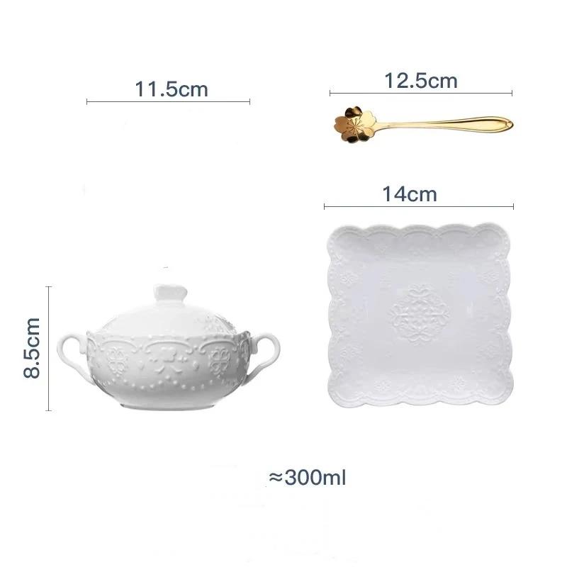 European Embossed Butterfly Ceramic Bowl with Lid & Double Handles, Breakfast, Dessert & Oatmeal Bowl