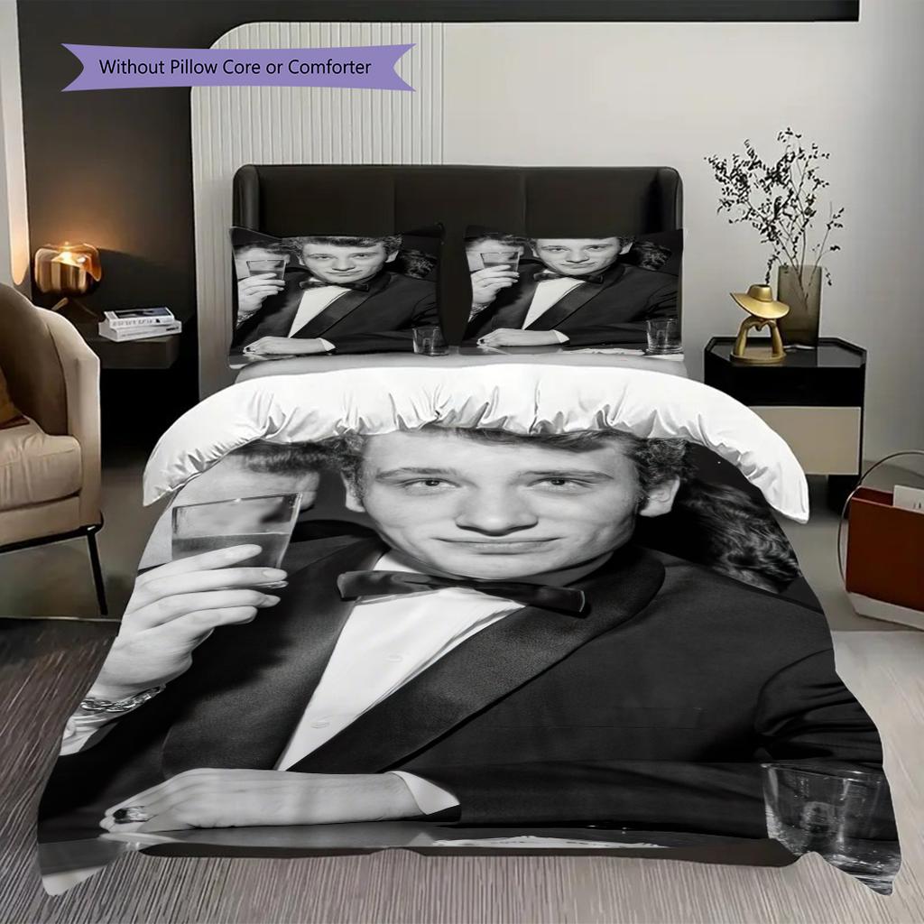 Black and white retro Johnny Hallyday bedding, duvet cover, pillowcase, home decoration, birthday gift (1 * duvet cover+2 * pillowcase, coreless)
