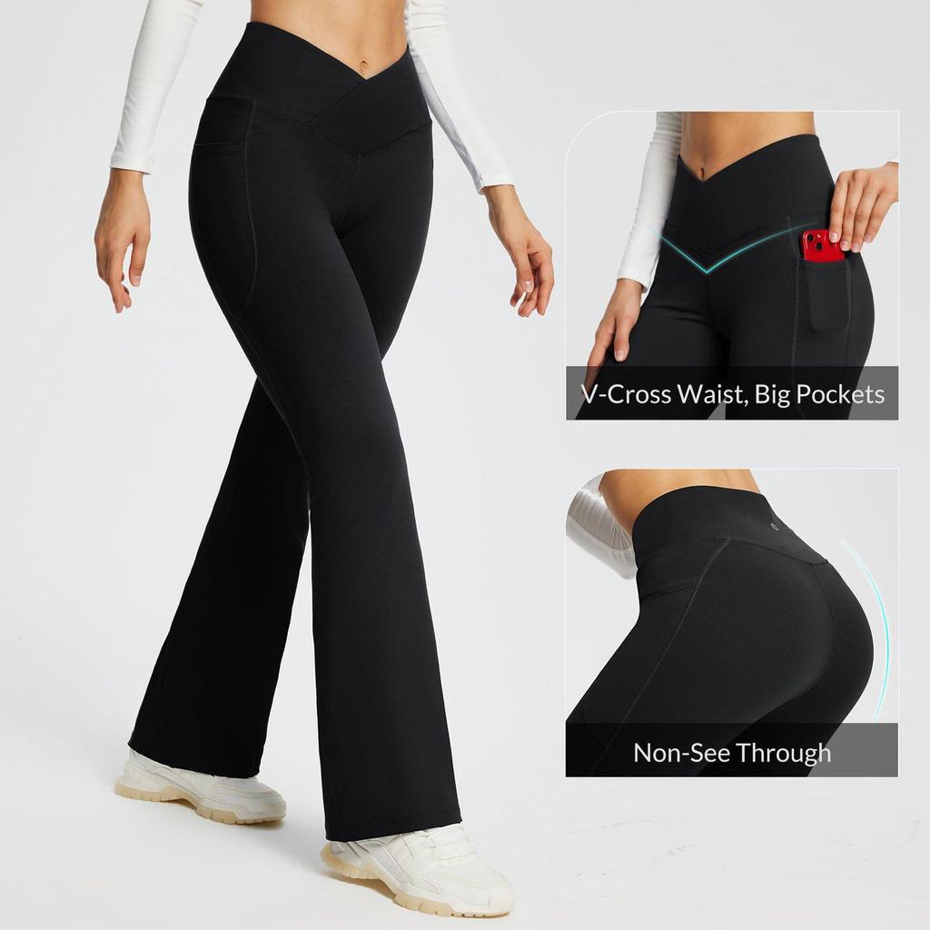 European and American Cross-Waist Flare Yoga Fitness Pants - Women's Black Base Layer