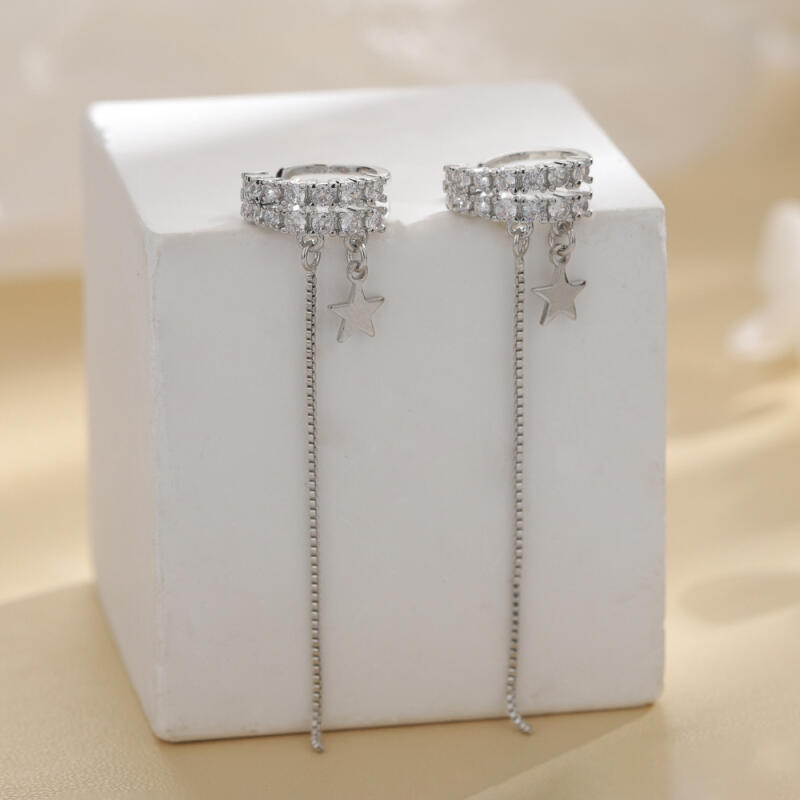Shining Double-Layer Zircon Star Ear Clip for Women Luxury Long Tassel Chain Without Piercing Fake Cartilage Ear Cuff Jewelry