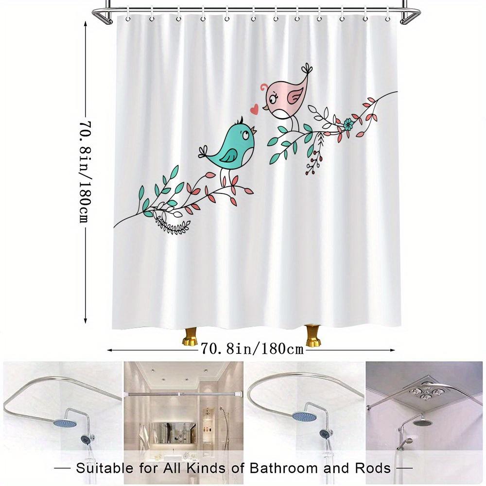 Cute Cartoon Birds Shower Curtain - Teal Pink Intertwined Branches & Hearts, Minimalist Polyester,Machine Washable, All-Season