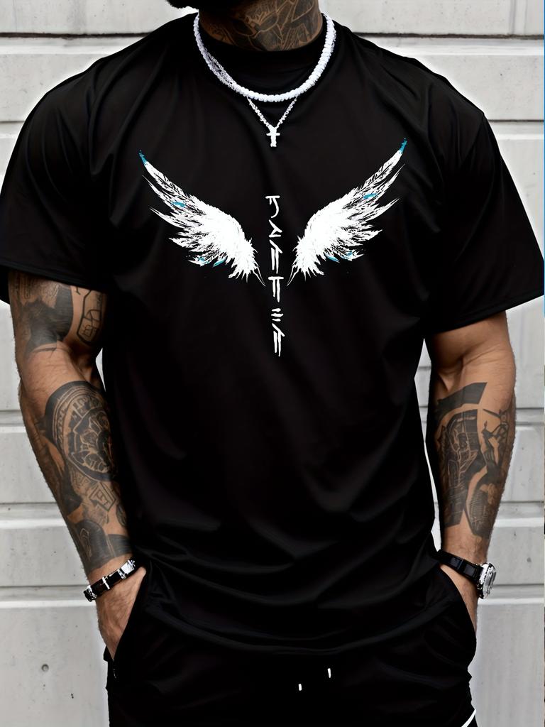 Wings Print Men's Creative Top, Casual Short Sleeve Crew Neck T-shirt, Men's Clothing For Summer Outdoor