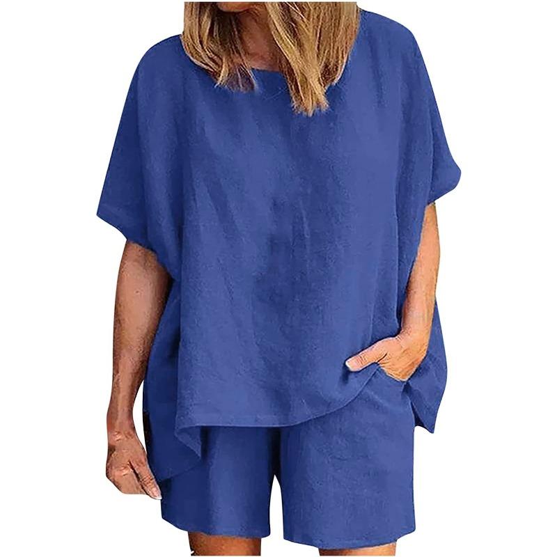 women's Solid Color Batwing Short Sleeve Loose Top High Waist Casual Shorts Summer Two Piece Outfit Set