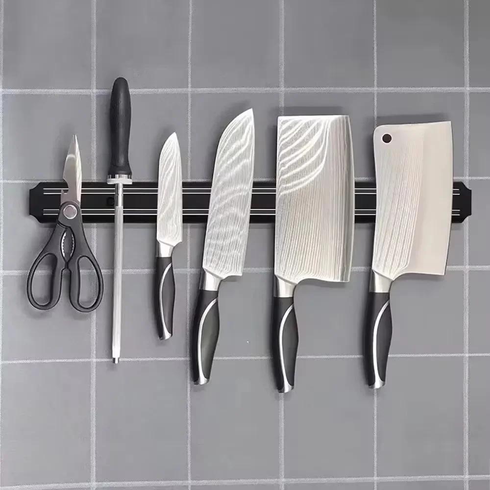 Powerful Magnetic Knife Holder Multifunctional Wall Hanging Knife Rack Strip Black Kitchen Practical Tools Organizer Punch Free
