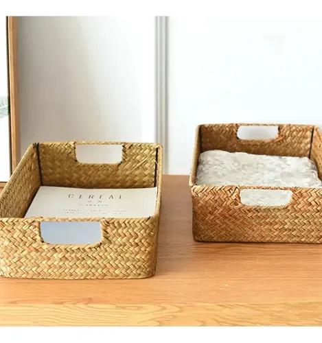 Handwoven Seagrass Storage Basket with Iron Frame 30 X 20 X 10 Cm Breathable Woven Bin with Side Handles for Bedroom Living Room Bathroom Kitchen