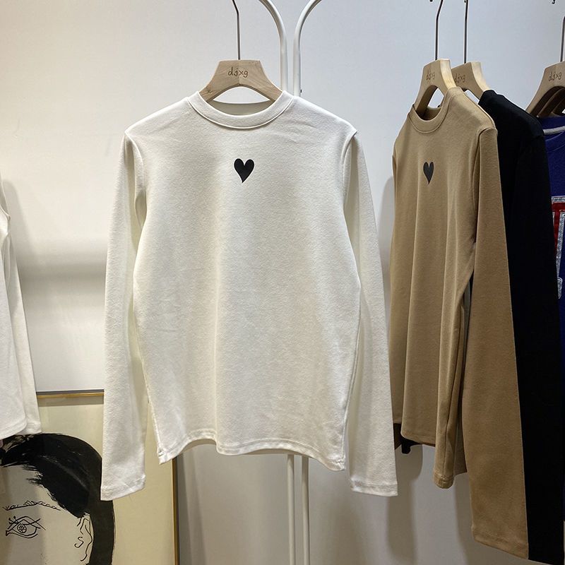 

Матовый двухсторонний немецкий бархат Теплый базовый слой Осень Зима Новый Корейский Свободный Принт Круглый вырез Футболка Топ для Женщин S белый