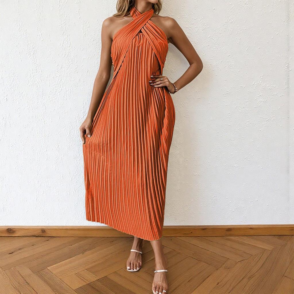 Women's Fashionable Sexy Solid Color Hanging Neck Backless Vacation Sleeveless Pleated Dress