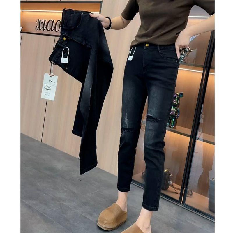 and Gray Faux Ripped Straight-Leg Jeans for Women, New Spring and Autumn Style, Plus-Size, Slim-Fit, Stretchy, Flattering, Cropped Cigarette Pants